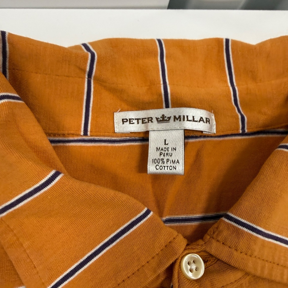 Peter Millar Men’s Orange Striped Polo Golf Shirt Pima Cotton Size Large - Picture 3 of 4